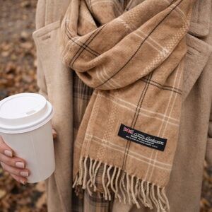 100% Cashmere Plaid Scarf Made in Scotland Camel Fringe Wrap